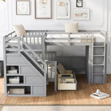 MERITLINE Twin-Twin Over Full Triple Bunk Bed with Storage Stairs,Wardrobe and Desk,Solid Wood L-Shaped 3 Bunk Bed with Ladder,Shelves,Headboard,Guardrail,No Box Spring Needed (Grey) MERITLINE