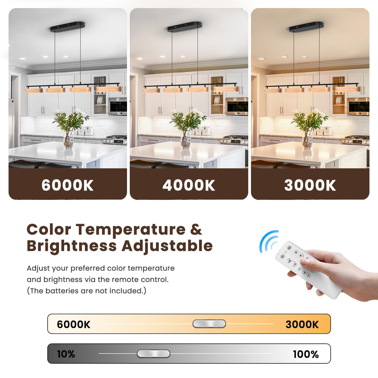 Glimchase 43.3" Linear Island Lights for Kitchen, 32W Wood Chandeliers for Dining Room, LED Rustic Dimmable Lighting Fixture for Farmhouse, 4-Light Pendant Lights for Kitchen Island Over Table Glimchase