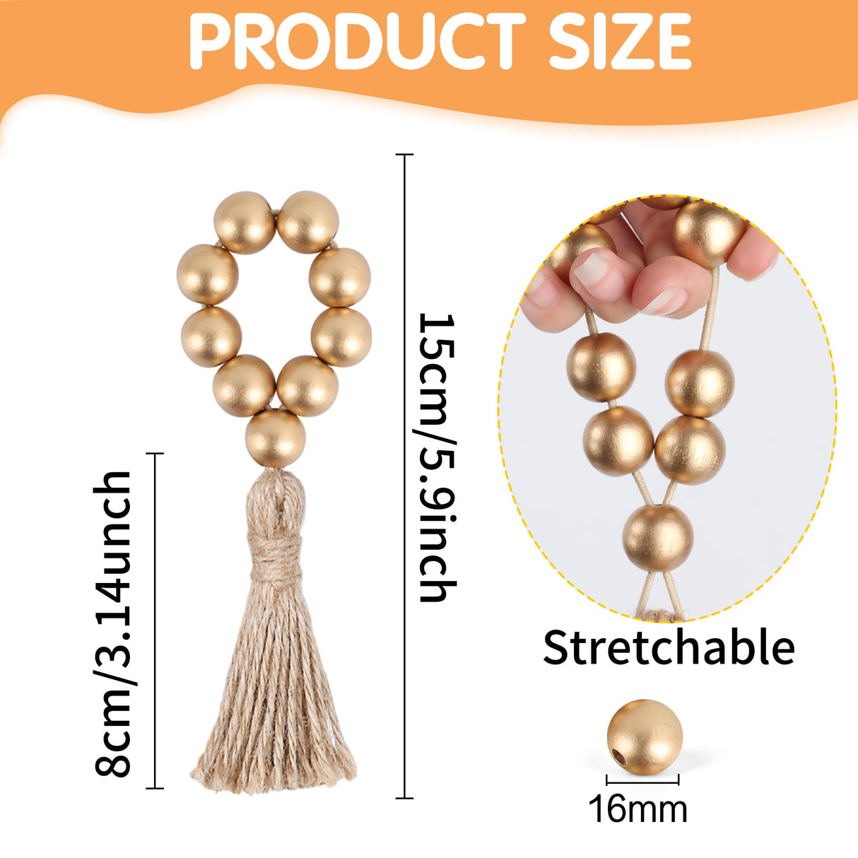 Meplait 6 Pieces Wooden Bead Napkin Rings, Farmhouse Stretchable Napkin Rings with Tassel Boho Napkin Rings for Dining Table,Wedding Decoration (Gold) Meplait