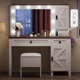 YITAHOME Farmhouse Makeup Vanity Desk with Mirror and Lights, Retro Big Vanity Table Set with Charging Station, Makeup Desk with 2 Drawers & 2 Cabinets, 10 Dimmable Light Bulbs, for Bedroom, White YITAHOME