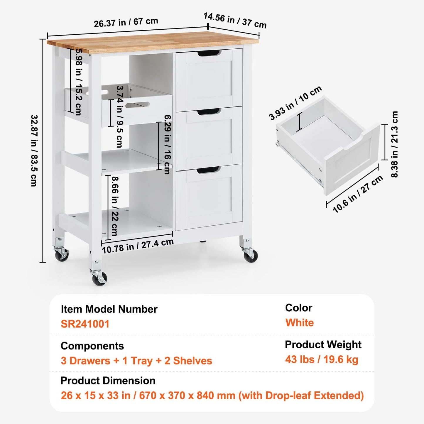 VEVOR Kitchen Island Cart, 26 inch Wood Top Mobile Breakfast Bar, Rolling Kitchen Table with 3 Drawers and Shelves, Portable Islands on Wheels, for Dining Kitchen Living Room Farmhouse, White