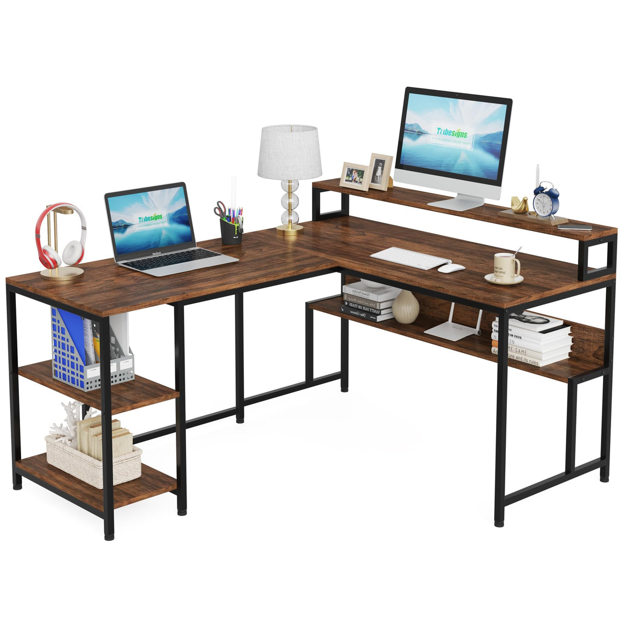 Tribesigns L Shaped Desk with Shelves, 59" Large Corner Computer Desk with Monitor Shelf, Reversible Home Office Desk with Bookshelf and Metal Frame, Two Person Desk, Rustic Brown Tribesigns