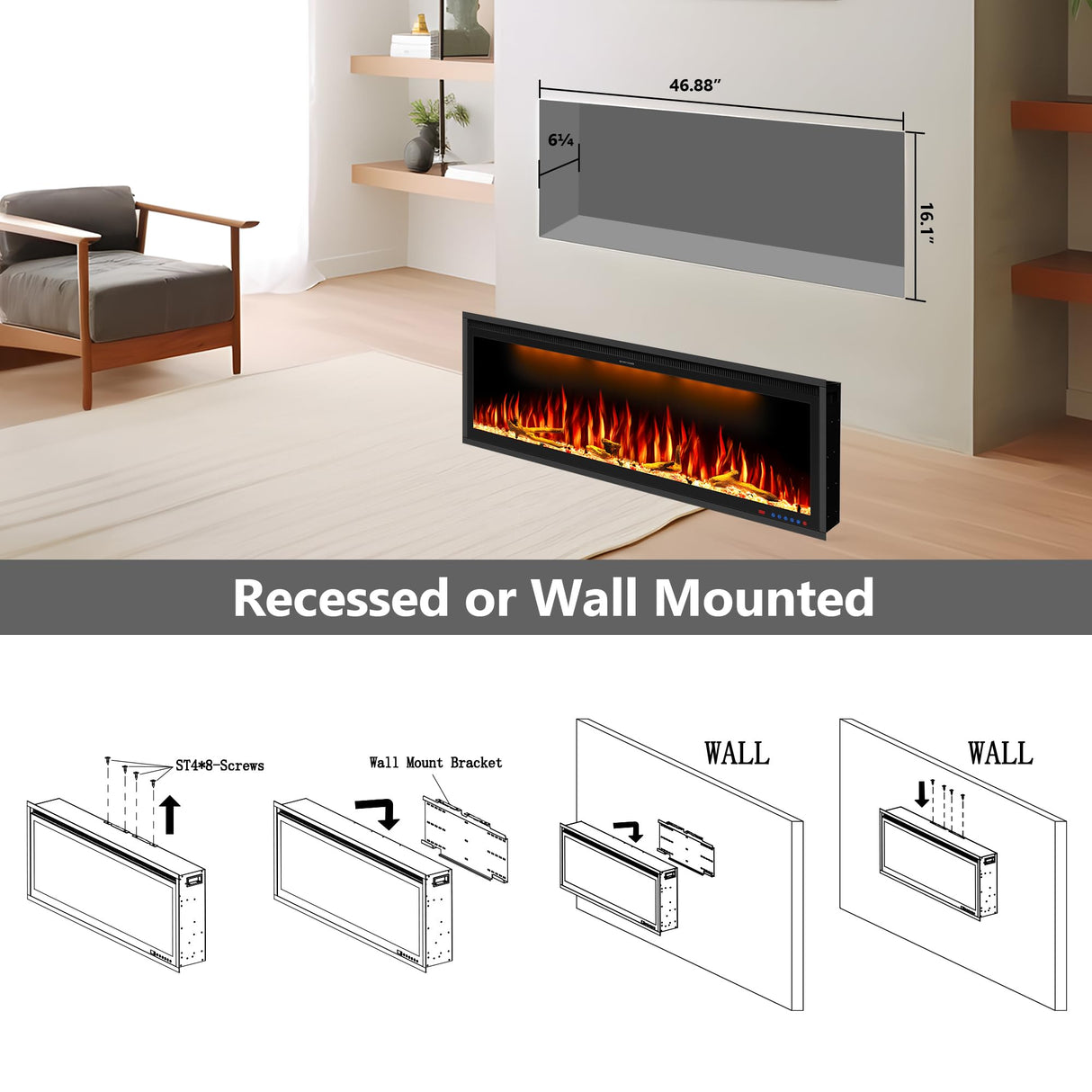 Benrocks 48'' WiFi- Enabled Electric Fireplace Inserts - Alexa & App Control, Slim Recessed & Wall Mounted, 13 * 13 * 3 Flame Color Combinations, 750W/1500W, Black Benrocks