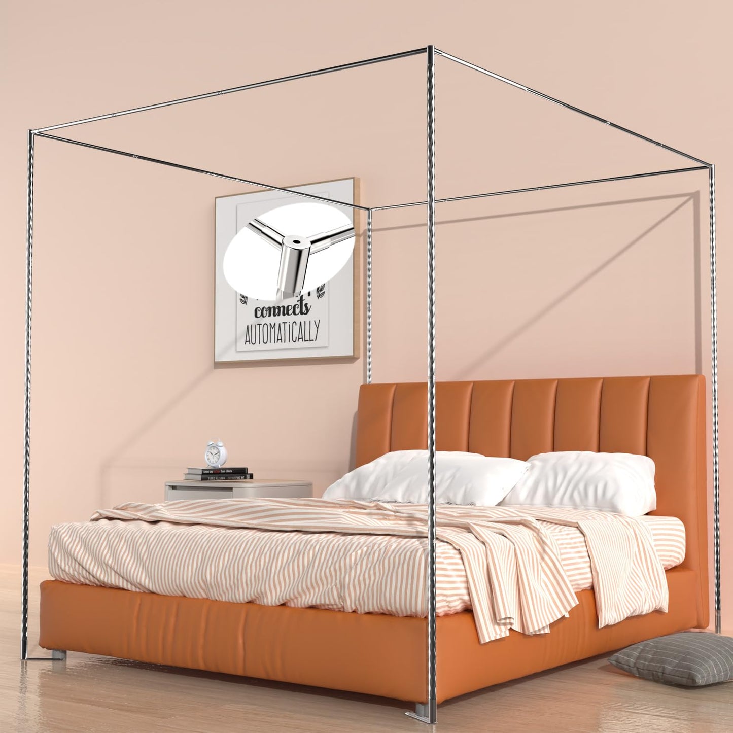 Queen Size Canopy Bed Frame,Stainless Steel Bed Canopy Frame Attachment,Frame Poles for Metal Bed or Wood Bed Mosquito Net or Curtains Décor in The Bedroom