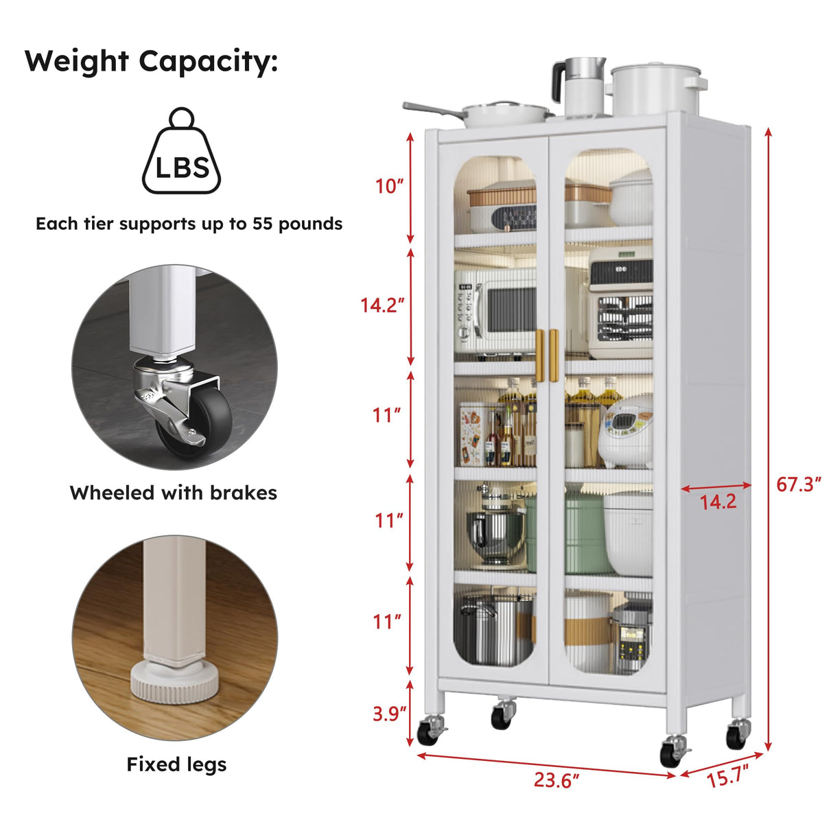 Runboll Kitchen Pantry Storage Cabinet, 6 Tier Metal Sideboard with Wheels and Acrylic Glass Door, Modern Display Curio Cabinet Bookcase White Runboll