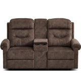 DRMBOOK RV Loveseat Recliner Sofa with Console, Velvet Fabric Double Wall Hugger Reclining Couch Manual Home Movie Seating 2 Person Recliner Chair with Cup Holders/Storage/Pocket/Lumbar Pillow, Brown DRMBOOK