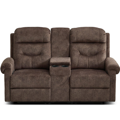 DRMBOOK RV Loveseat Recliner Sofa with Console, Velvet Fabric Double Wall Hugger Reclining Couch Manual Home Movie Seating 2 Person Recliner Chair with Cup Holders/Storage/Pocket/Lumbar Pillow, Brown DRMBOOK