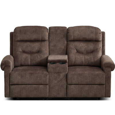 DRMBOOK RV Loveseat Recliner Sofa with Console, Velvet Fabric Double Wall Hugger Reclining Couch Manual Home Movie Seating 2 Person Recliner Chair with Cup Holders/Storage/Pocket/Lumbar Pillow, Brown