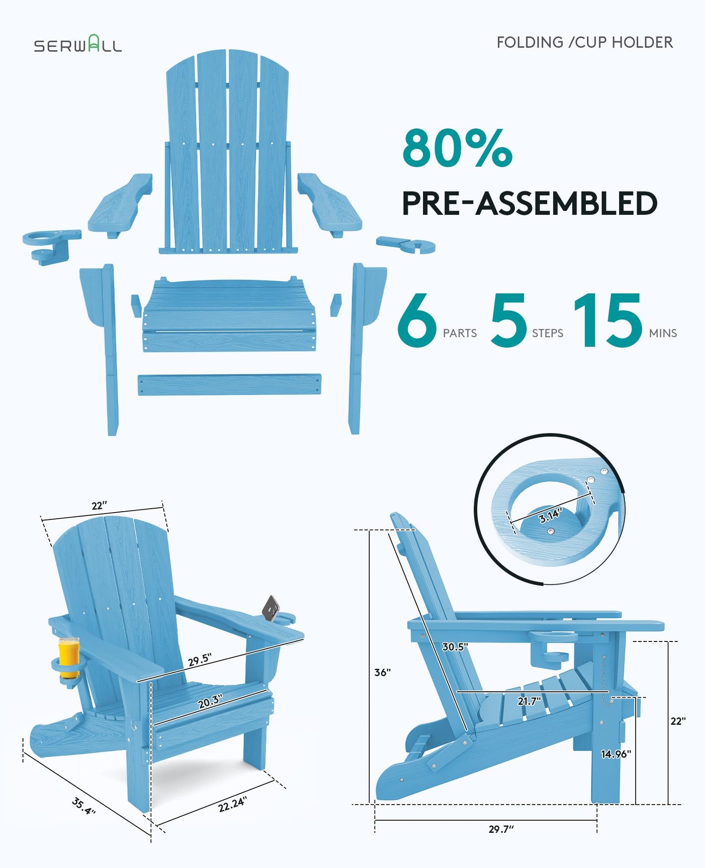 SERWALL Adirondack Chair with Cup Holders - Composite Adirondack Chairs HDPE Outdoor Chairs All Weather Use- Light Blue - WoodArtSupply