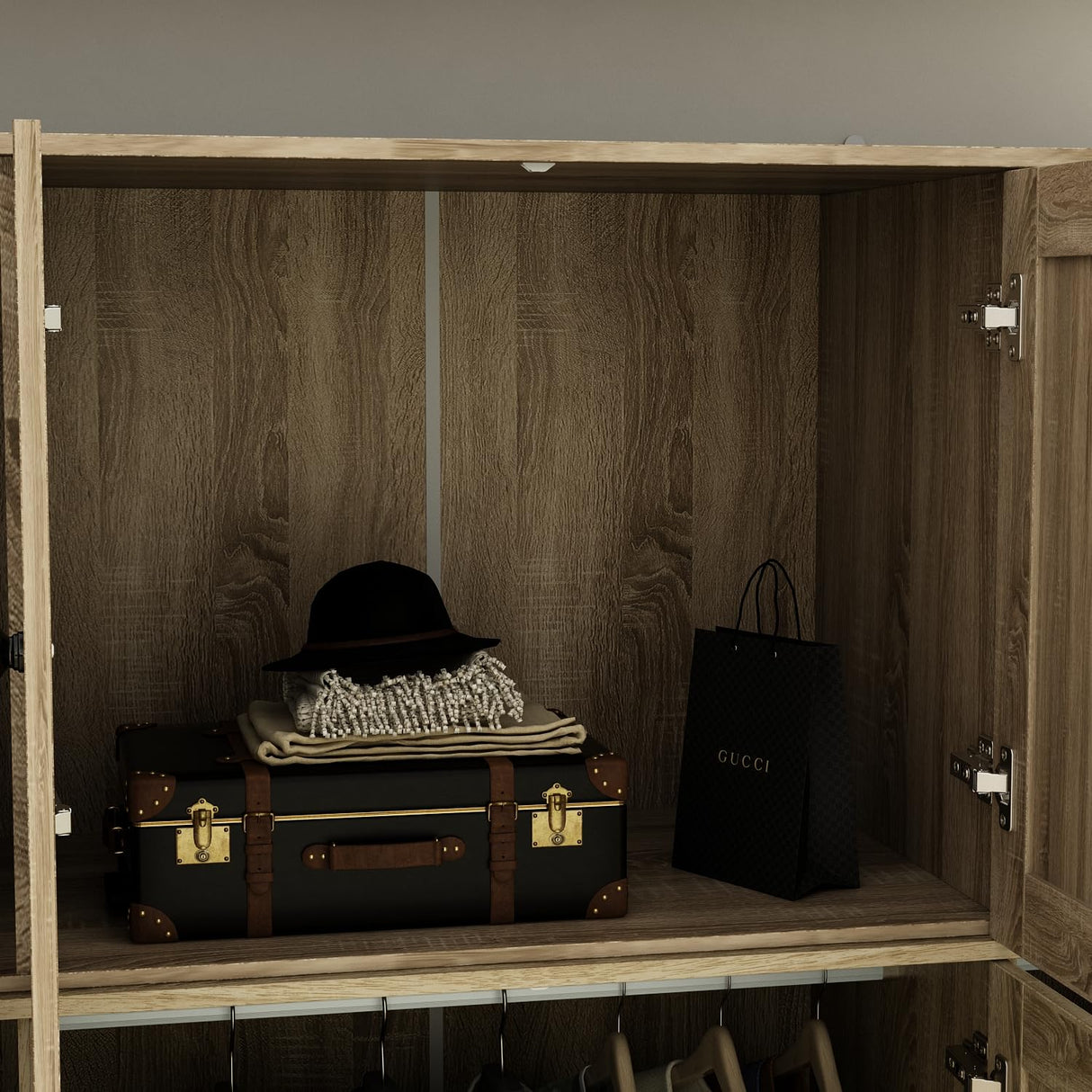 Homsee 8 Door Wardrobe Armoire Closet, Bedroom Cabinet Armoire with Rattan Doors, 5 Drawers, 2 Hanging Bars, Top Cabinets & Shelves, Light Brown Homsee