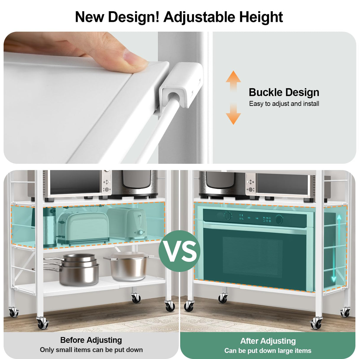 Himix 5 Tier Foldable Storage Shelves, Expandable Folding Pantry Shelf with Wheels, Changeable into 2 Shelf Units, Collapsible Storage Rack Metal Shelves for Kitchen, Room, Garage, White Himix