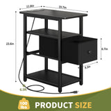 Yoobure Narrow Side Table, LED End Table with Charging Station, 3-Tier End Tables Living Room with Adjustable Fabric Drawer, Small Nightstand with Outlets, Storage Night Stand for Bedroom Small Spaces Yoobure