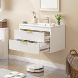 30" Bathroom Vanity Cabinet with Ceramic Sink, Wall-Mounted Floating Vanity, Integrated Sink, 2 Large Storage Drawers, with Sensor LED Light, Metal Handles, for Small Bathroom, Home, Spa, Hotel, White Kikihouse