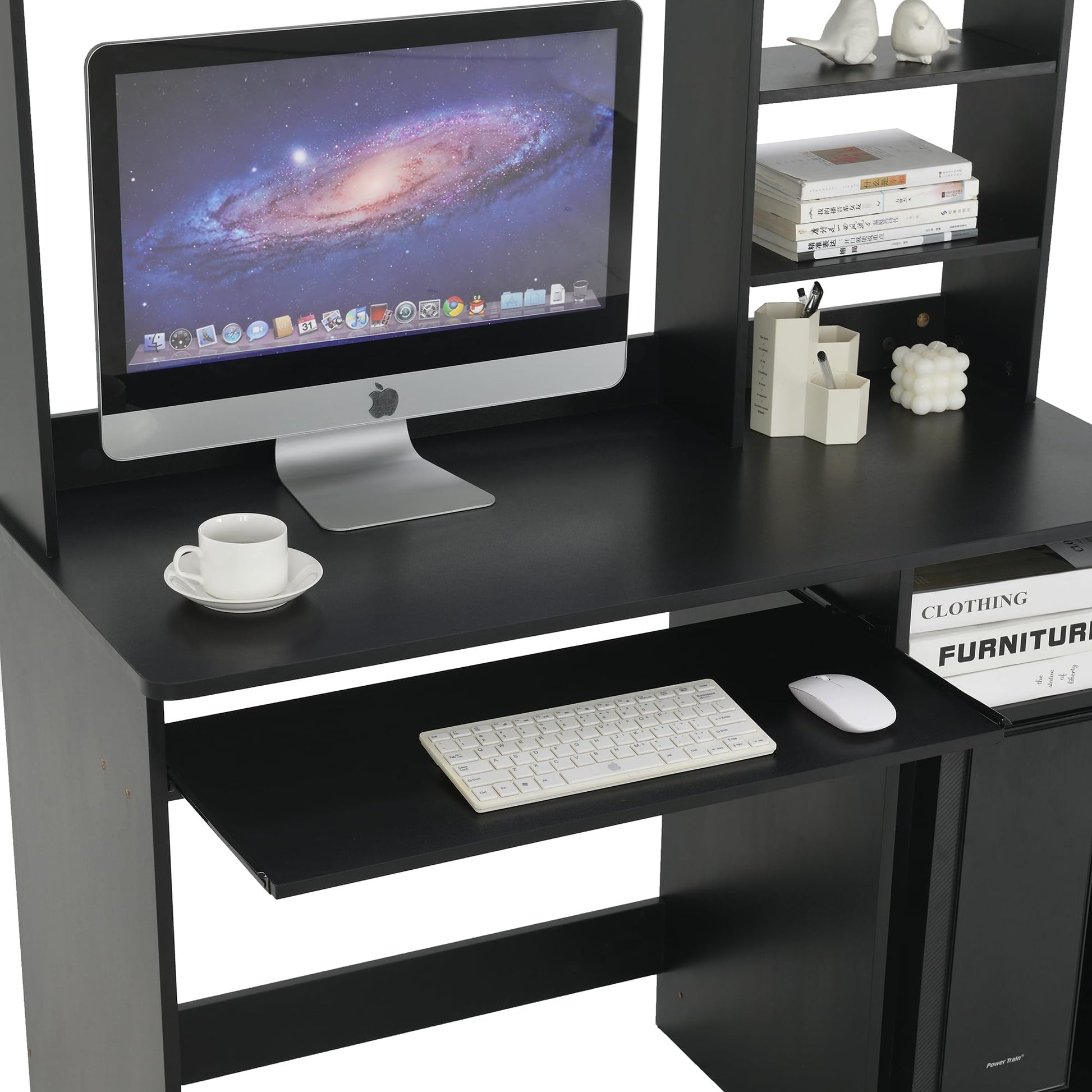 ROCKPOINT Axess Black Computer Desk with Hutch and Keyboard Tray for Home Office and Study - WoodArtSupply