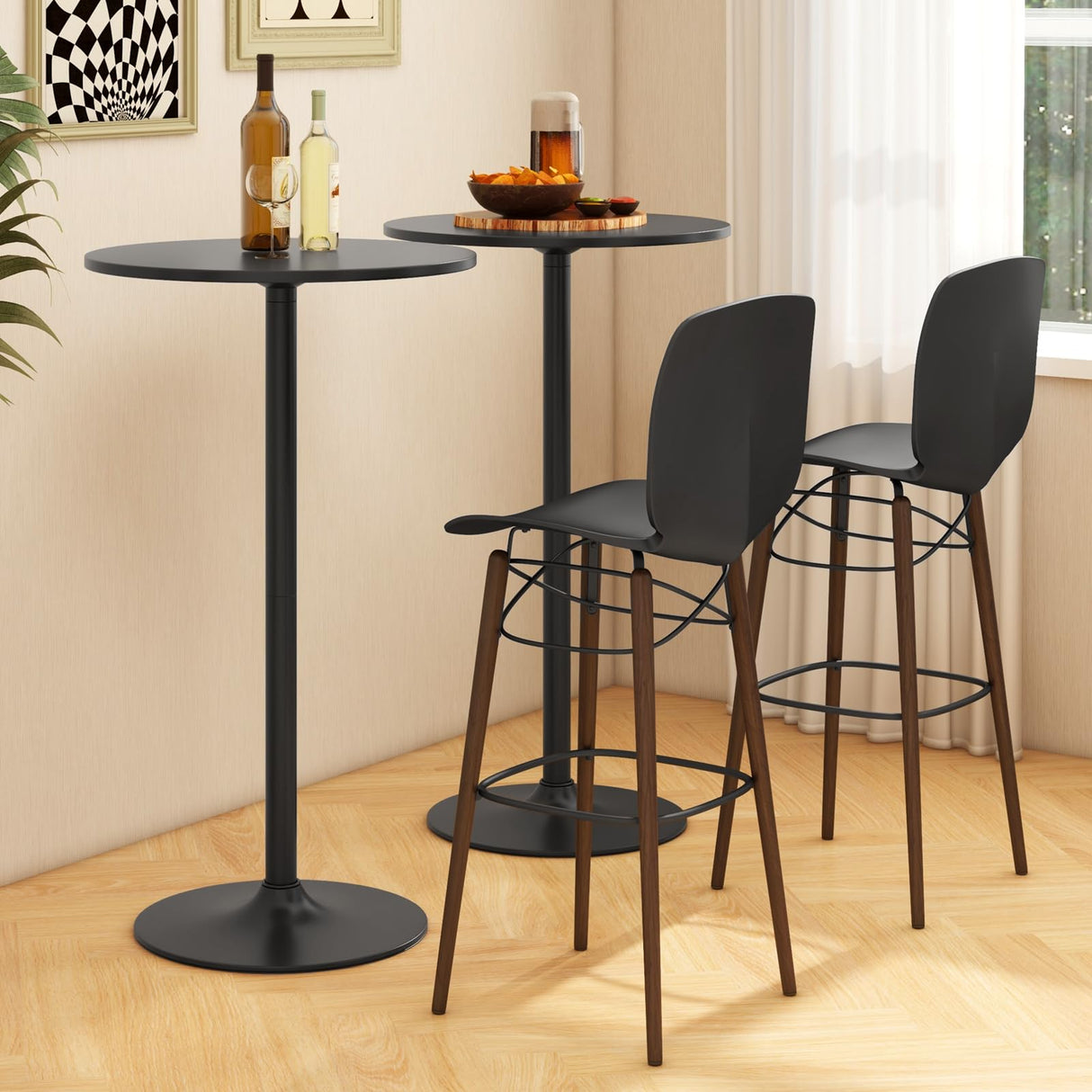 COSTWAY Round Bistro Table, Height Adjustable Bar Height Cocktail Table, High Top Pub Table Snack Table with Heavy-Duty Metal Base for Home Bar, Dining Room, Restaurant, Black COSTWAY