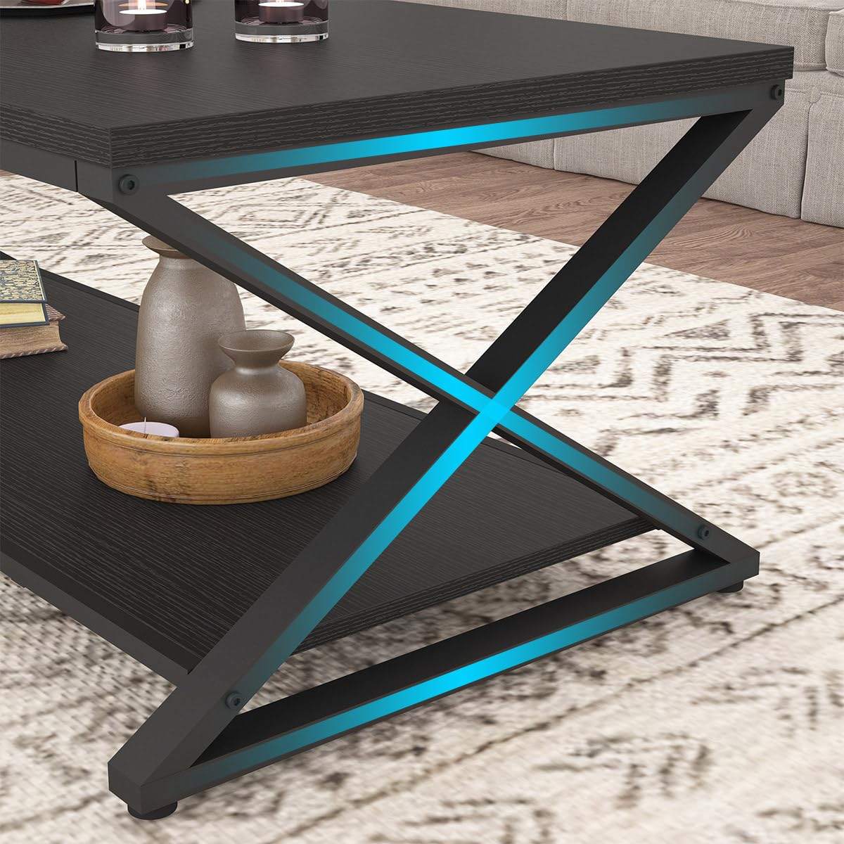 HSH Black Coffee Table Modern, 47 Inch Simple Rectangle Cocktail Table with Storage Display Shelf, 2 Tier Minimalist Industrial Wooden and Metal Center Tea Table for Living Room Office, Black Oak HSH