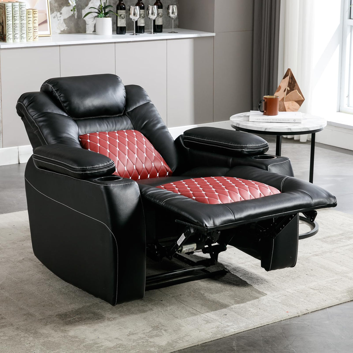 ANJ Electric Power Recliner Chair with Adjustable Powered Headrest, Faux Leather Home Theater Seating Overstuffed Reclining Furniture with USB Ports, Cup Holders, Hidden Arm Storage (Black/Red) ANJ