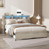 Fameill Queen Size Grey Wood Bed Frame with Smart Bookcase Headboard & LED Lighting Fameill