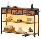 Furologee Console Table with Charging Station & 3 Fabric Drawers, 38'' Entryway Table with Storage Shelves and LED Light, Industrial Foyer Table for Entry Way, Display Shelf for Hallway, Rustic Brown Furologee