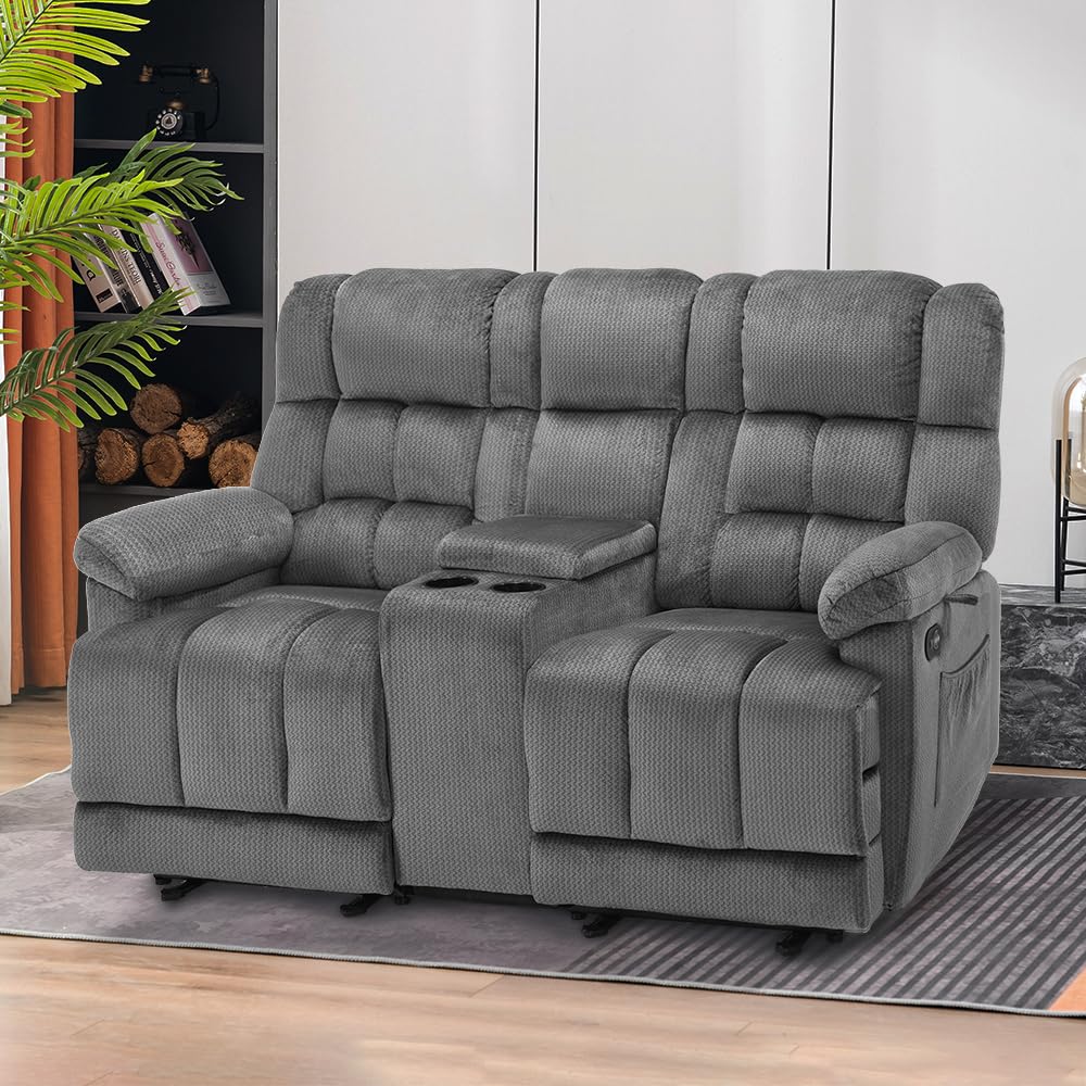 MCombo Zero Gravity Power Loveseat Recliner with Console, Heat and Vibration Massage, Reclining Loveseat Sofa with USB Ports, Cup Holders for Living Room, Fabric RS6234 (Grey) MCombo