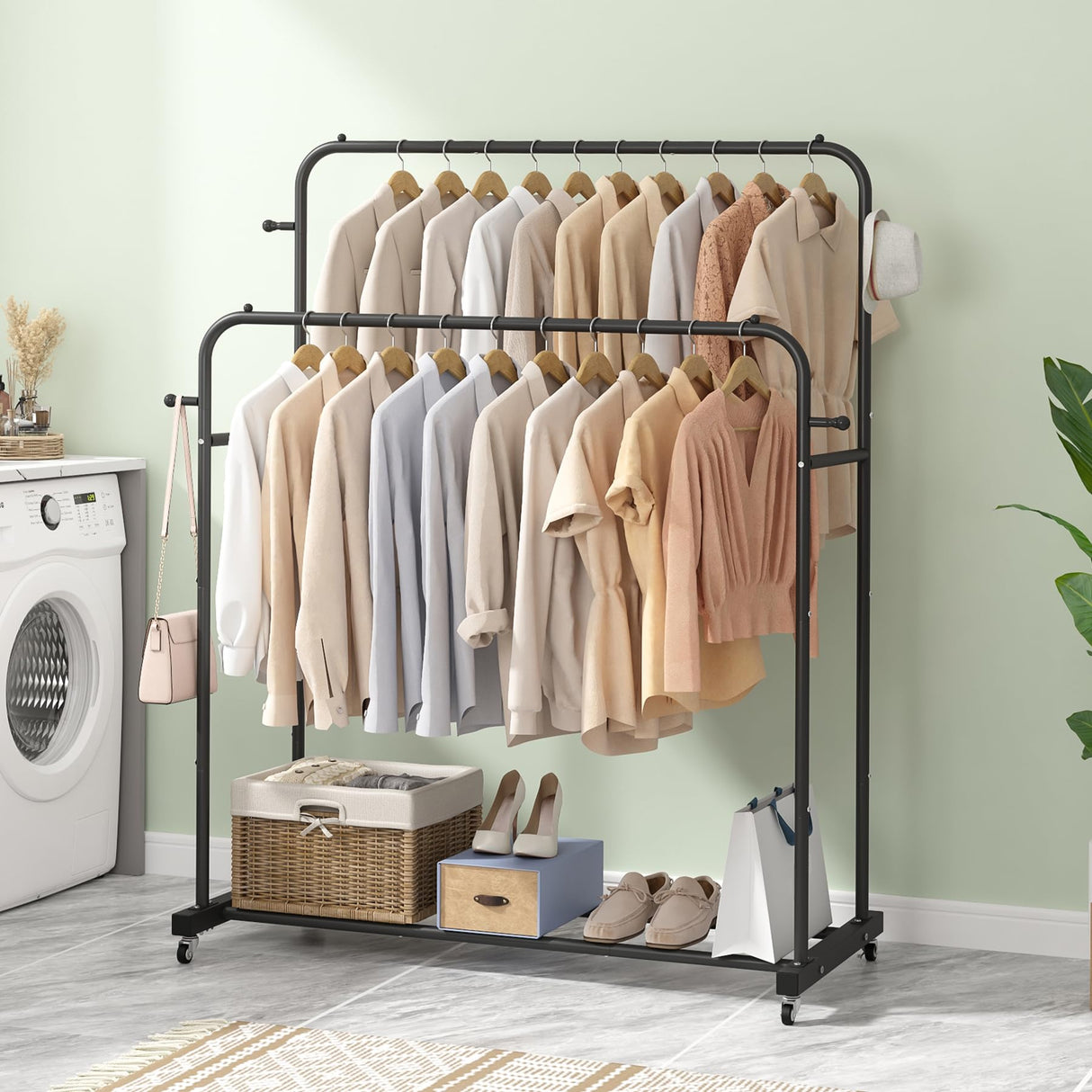 Laiensia Double Rods Garment Rack with Wheels, Clothing Rack for Hanging Clothes,4 Hooks, Multi-functional Bedroom Clothes Rack, Black Laiensia