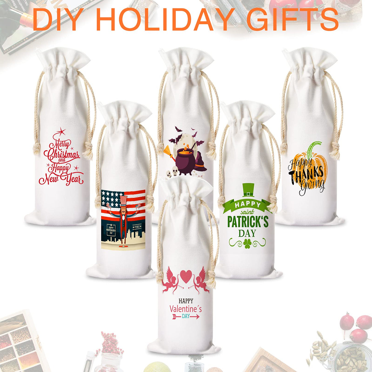 Shappy Canvas Wine Bottle Bags Sublimation Blank Wine Bottle Bags with Drawstrings Halloween Wine Bags Reusable Cotton Wine Bags Bulk for Christmas DIY Wedding Birthday Party Gift Bag(5 Pieces) Shappy