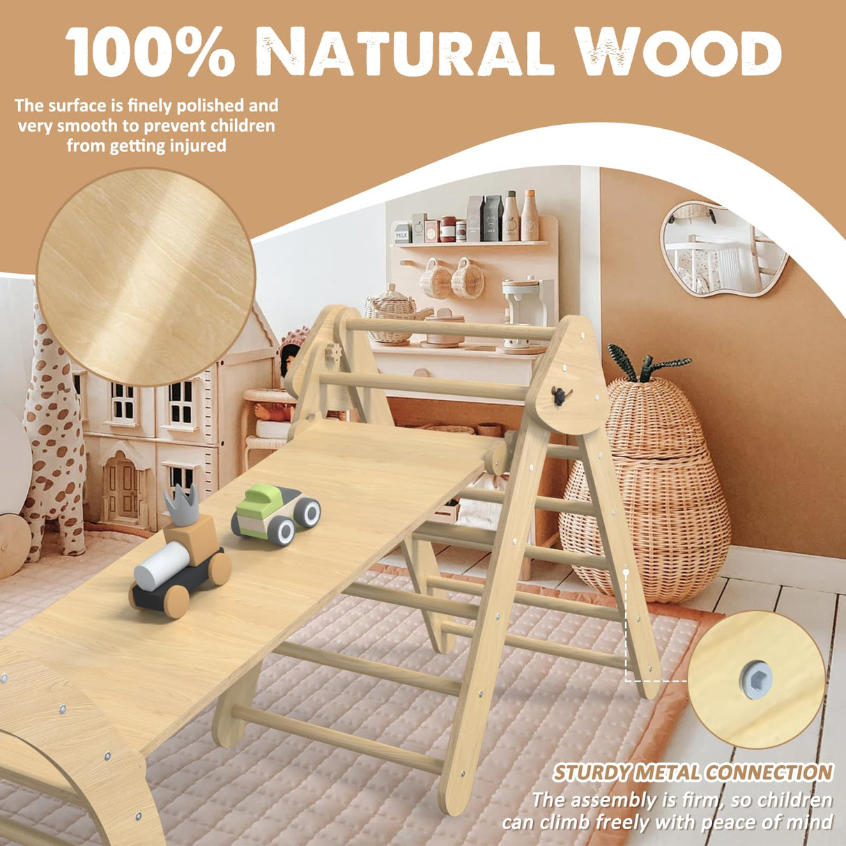 Granper Pikler Triangle Set 7-in-1, Foldable Toddler Climbing Toys Indoor, Wooden Montessori Climbing Set with Arch/Ramp/Ladder, Baby Climber Jungle Gyms for Toddlers and Kids (Burlywood) Granper