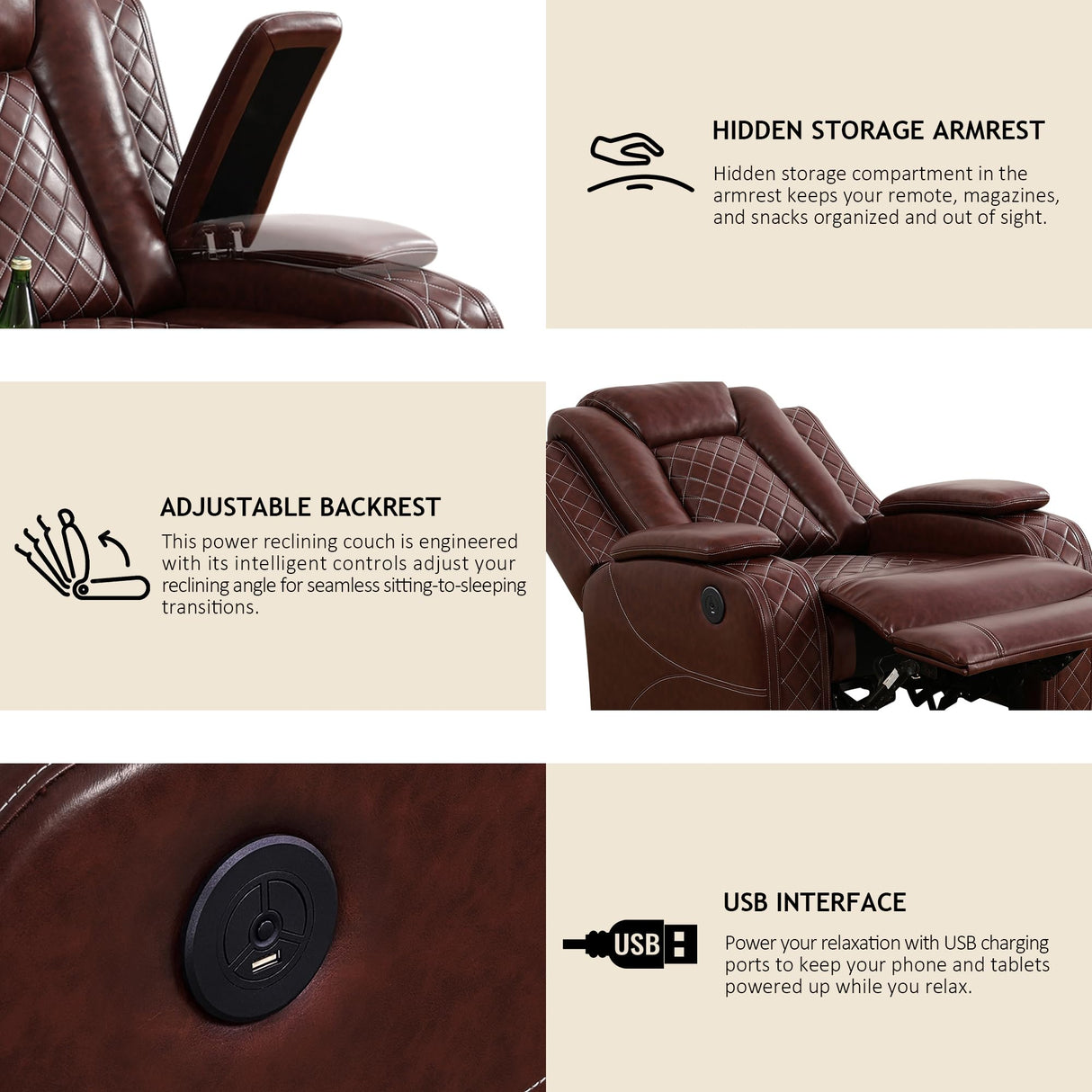 YIORTWO Power Recliner Sofa Set - Breathable Leather Power Recliner Sofa,Living Room Furniture with USB Charging, LED Lights,Hidden Storage Buckets, Stainless Steel Cup Holders(Loveseat,Brown) YIORTWO