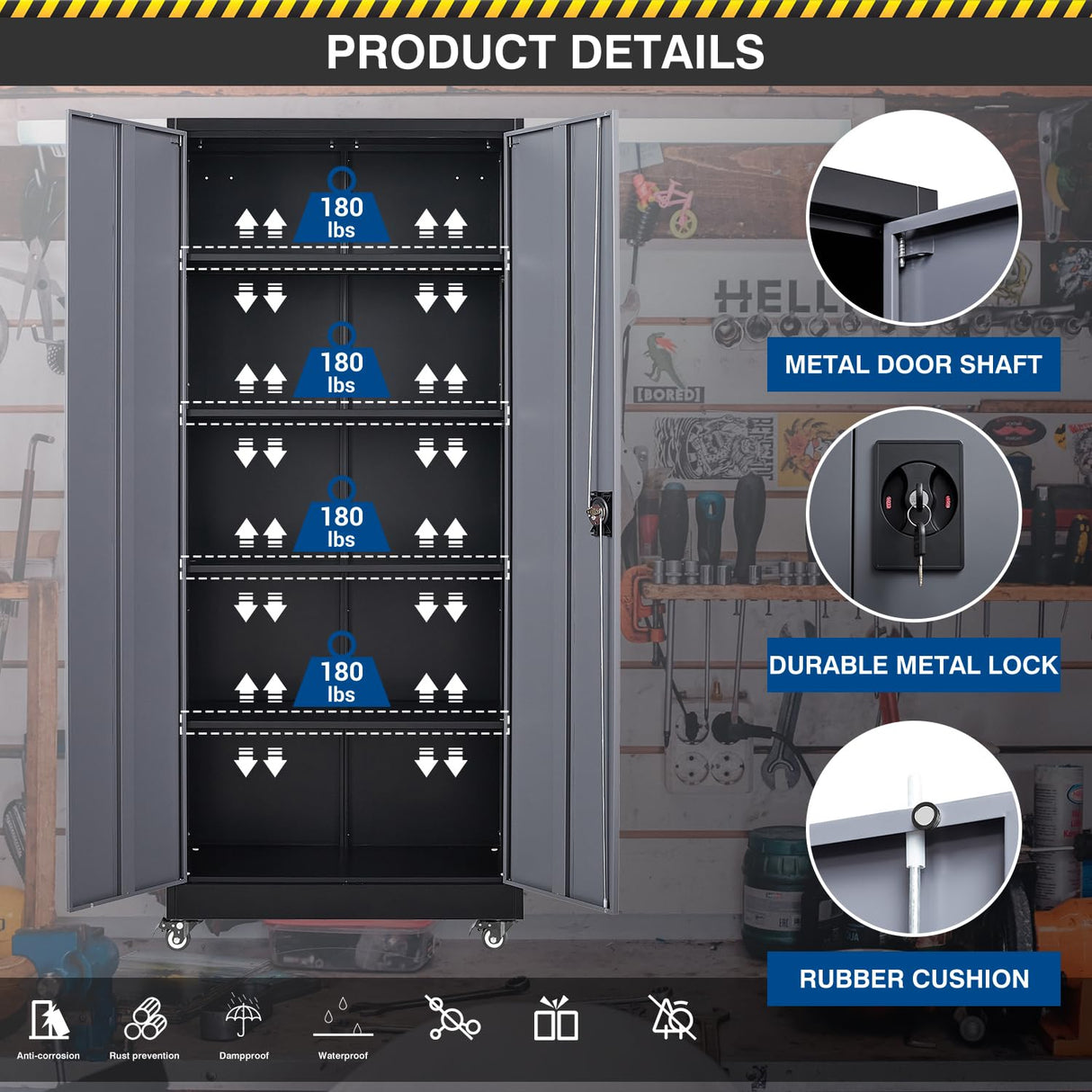 Fesbos Metal Rolling Storage Cabinet-74.6” Tall Steel File Cabinets with Wheels Lockable Doors and Adjustable Shelves-Black & Gray Steel Storage Cabinet for Home, School, Office, Garage Fesbos