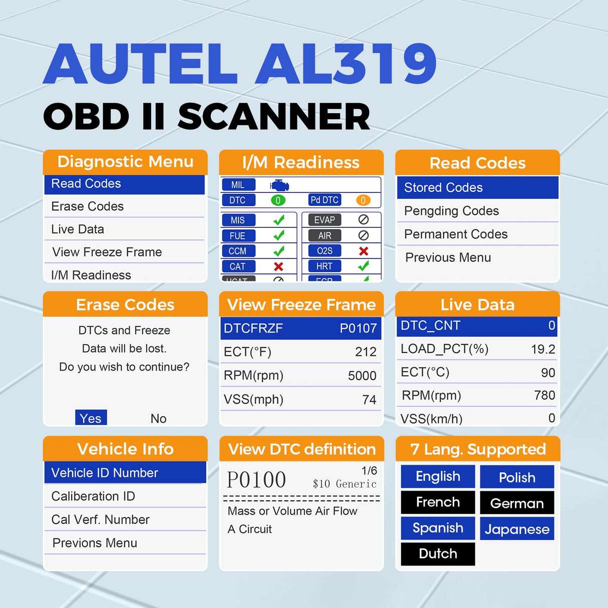 Autel Professional OBD2 Scanner AL319 Code Reader, Enhanced Check and Reset Engine Fault Code, Live Data, Freeze Frame, CAN Car Diagnostic Scan Tools for All OBDII Vehicles After 1996, 2024 Upgraded Autel