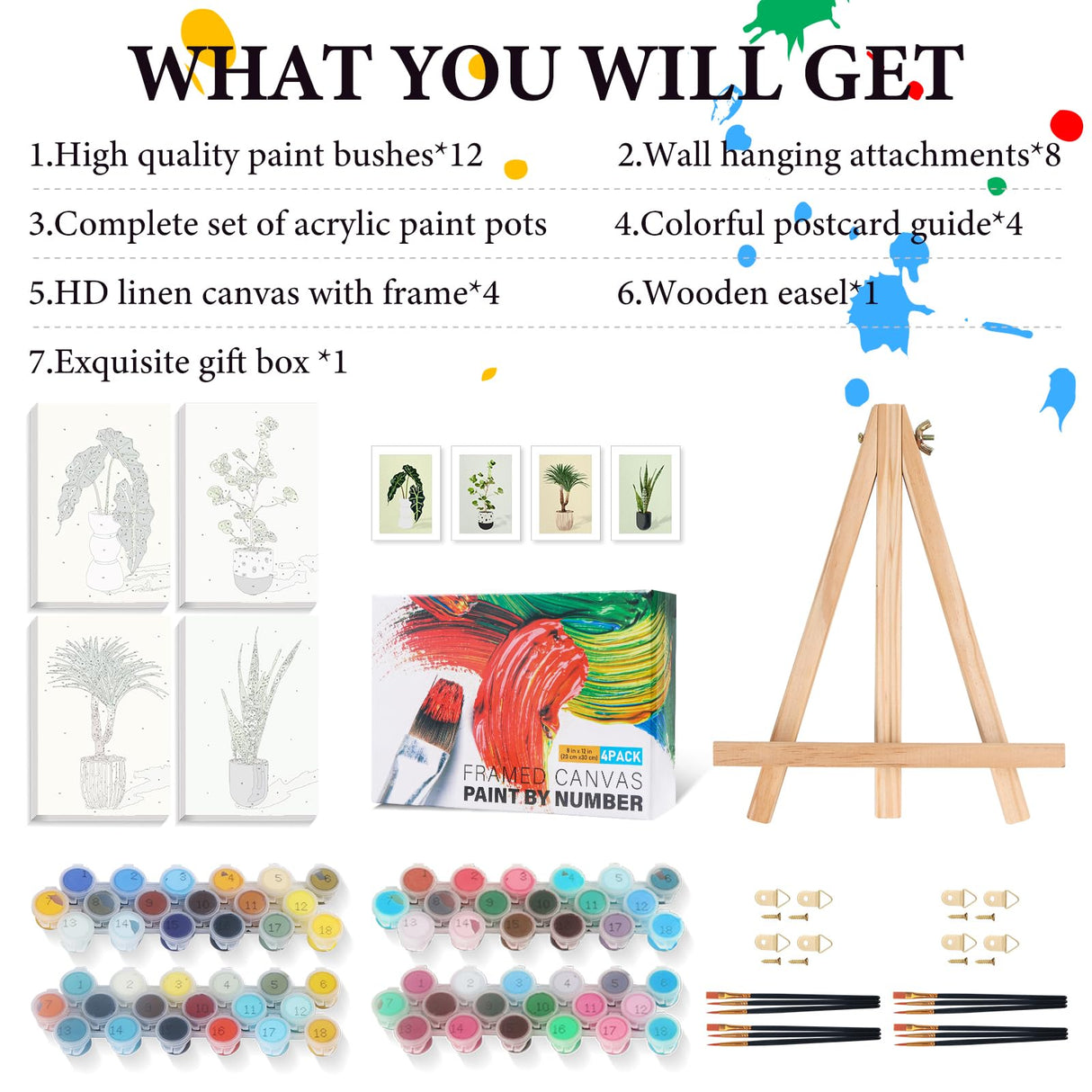 Fountor 4 Pack Framed Paint by Numbers Kit for Adults Beginners with Wooden Easel, DIY Green Plant Paint by Number Kit with Frame, Simple Plants Painting by Numbers for Home Wall Decor, 8x12 inch Fountor