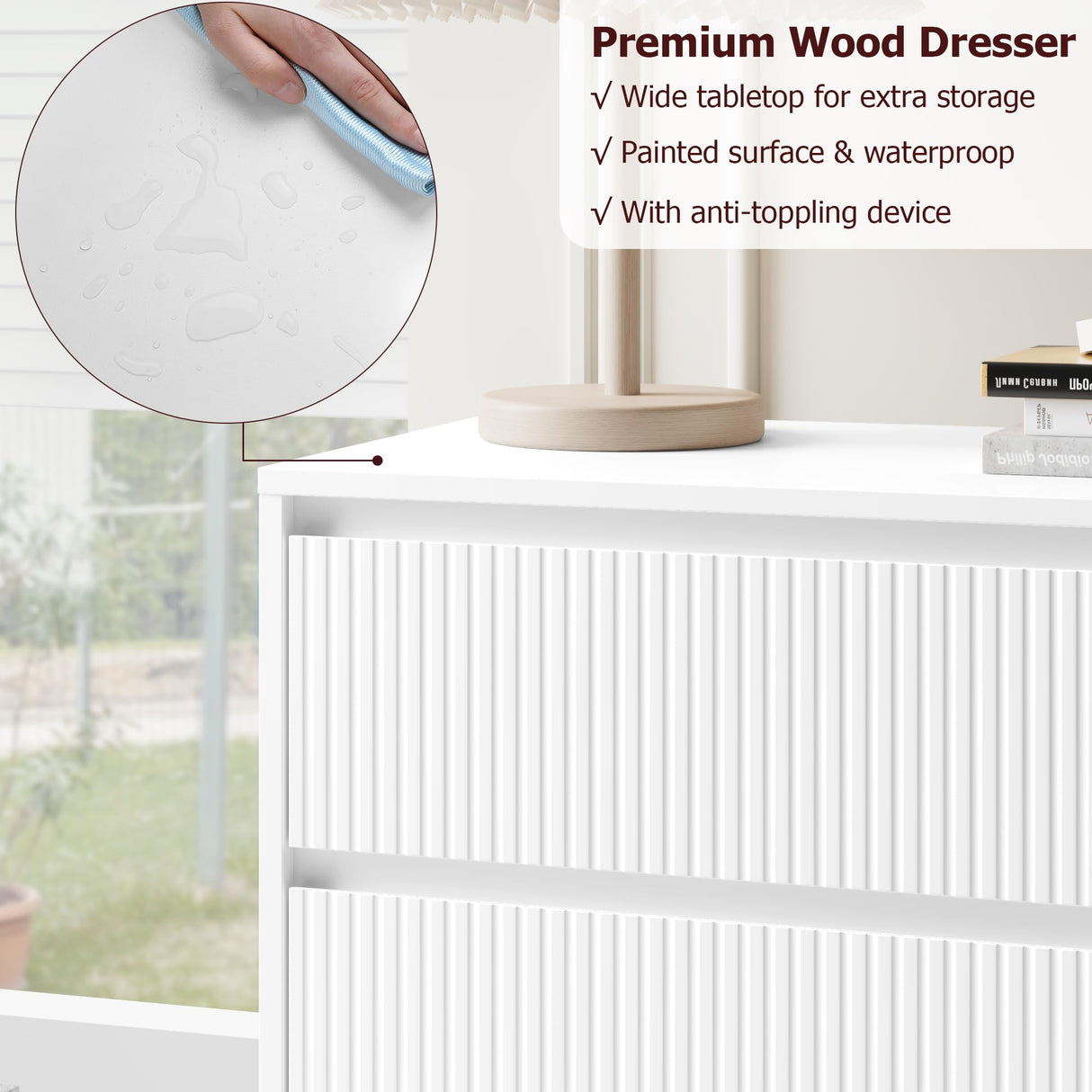 HOSTACK White Dresser, Modern 6 Drawer Double Dresser, Wide Dresser Chest of Drawers with Wavy Pattern | Handleless Deep Drawers, Wood Storage Dresser Cabinet for Living Room, Hallway, Entryway, White HOSTACK