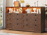 Dresser for Bedroom with 6 Drawers, Large Wooden Bedroom Dressers with Power Outlet and Led Lights, 55 Inch Wide TV Dresser, Wood Modern 6 Drawers Dressers & Chests of Drawers for Room (Rustic Brown) Patikuin