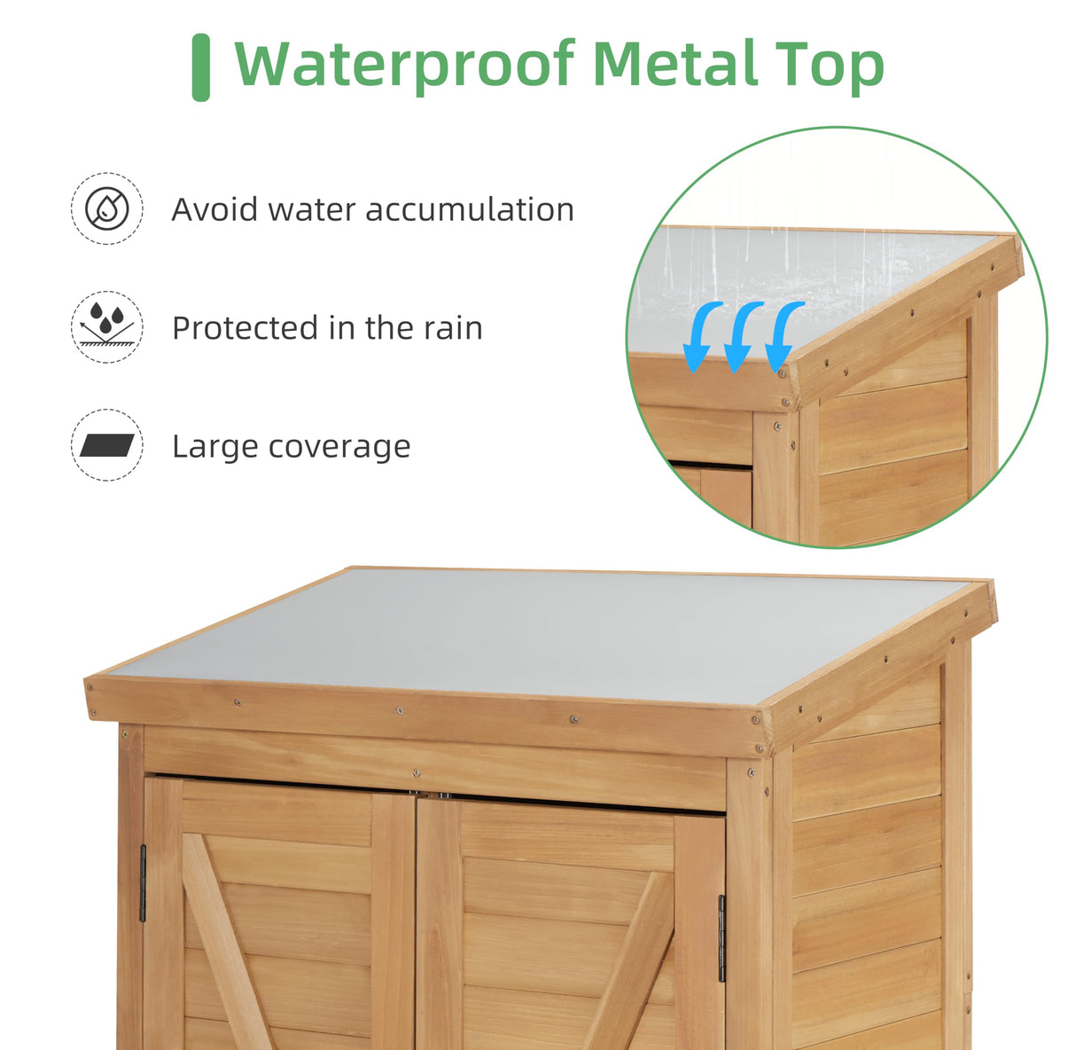 58''x30''x18'' Outdoor Wooden Storage Shed with Metal Top Tall Vertical Tool Cabinet for Backyard Garden Patio Lawn (Gold) Mederlo