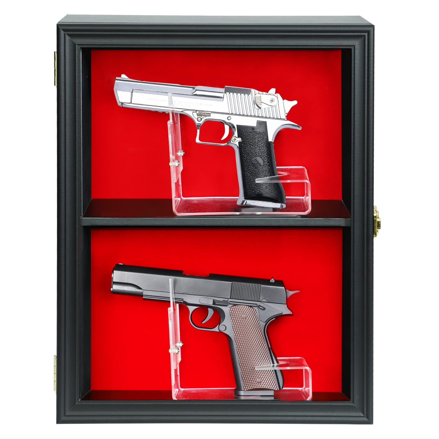 HOROW 2 Handgun Pistol Revolver Gun Display Case Wall Mount Lockable Black Felt Wood Cabinet w/ 98% UV Protection Acrylic Clear Door Gun Shadow Box Stand Rack Holder - WoodArtSupply