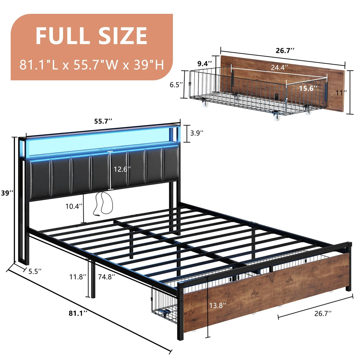 AMERLIFE LED Bed Frame with Drawers, Full Platform Bed Frame with 2-Tier Storage & Leather Upholstered & Charging Station Headboard, No Box Spring Needed, Noise Free, Easy Assembly, Black AMERLIFE