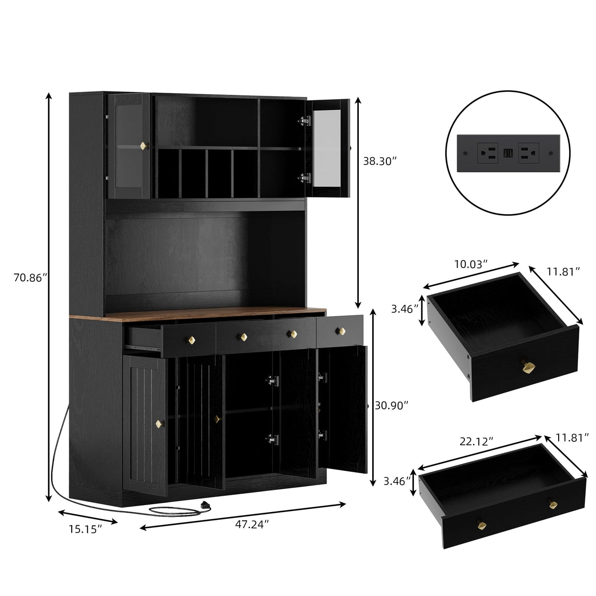 71" Tall 4-Door Kitchen Pantry Cabinet with Built-in Power Outlet- Freestanding Storage Hutch, Large Microwave Cabinet, Modern Farmhouse Design (Black) Oxirth