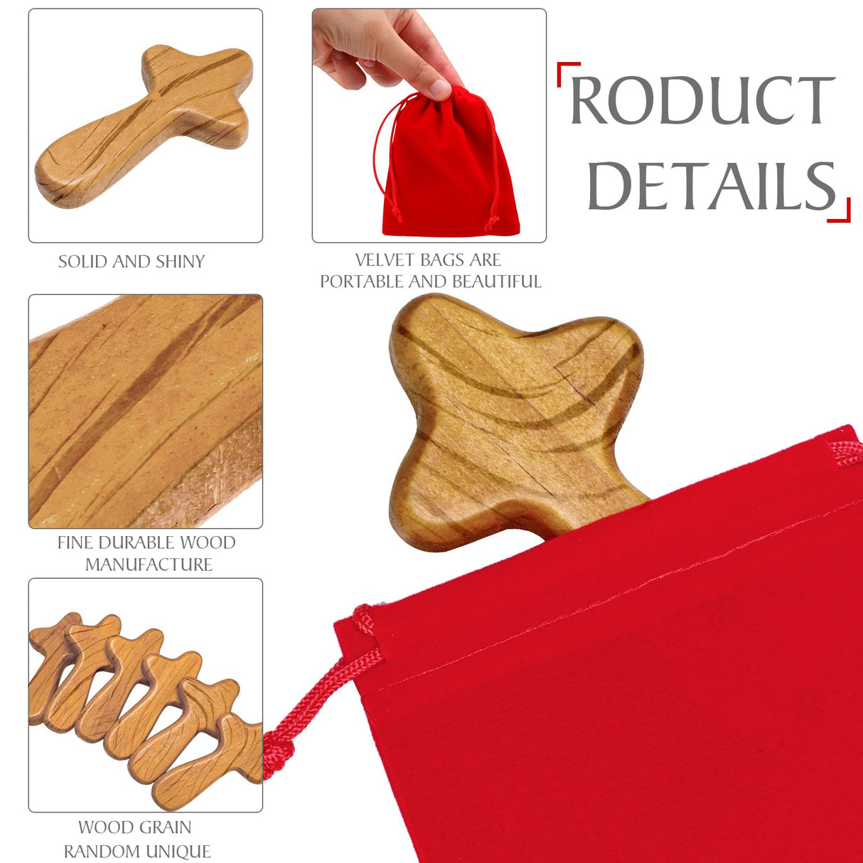 Qunclay 12 Sets Small Hand Held Pine Wooden Cross with Velvet Bag Set 4.1 Inches Portable Holding Wooden Pocket Cross Clinging Cross Jesus Cross Gift for Prayer Palm Size Men Christian Church Gift Qunclay