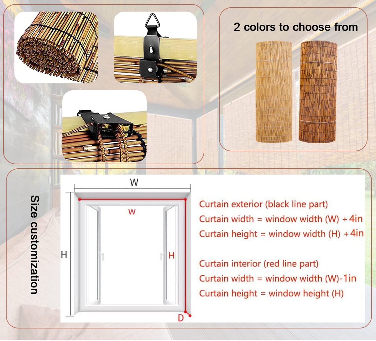 Bamboo Shades for Patio, Retro Bamboo Blinds, Outdoor Roll-Up Shade with Lift, Porch Privacy Translucent Roller Blinds, Waterproof Anti-UV Breathable Reed Curtains, Easy to Install Yhzeokm