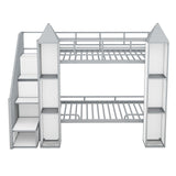 Harper & Bright Designs Twin Over Twin Metal Bunk Bed with Stairs and Storage Wardrobe, Castle-Shaped Bunk Bed Heavy-Duty Steel Frame, Noise Free,for Kids Teens Adults, Gray+White Harper & Bright Designs