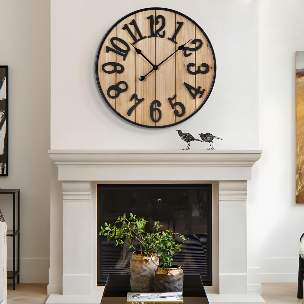 Henescribe Large Wall Clock 30IN, Silent Metal Wood Style Wall Clocks Battery Operated for Living Room Decor, Farmhouse Big Wall Clock, Outdoor Henescribe