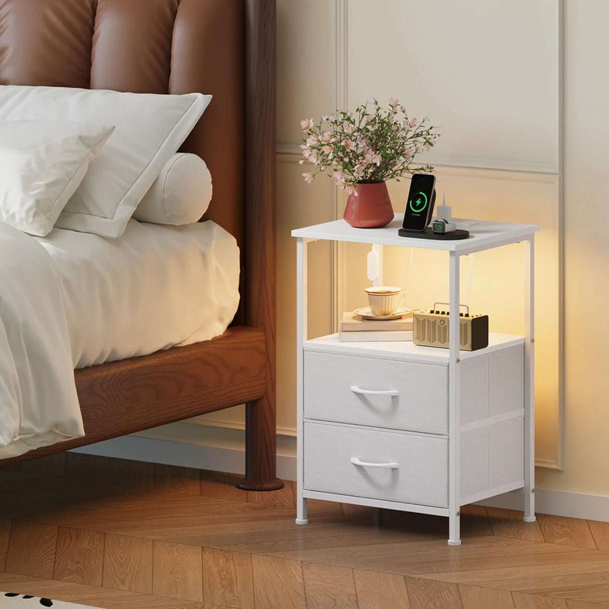 Somdot White Nightstand with Charging Station and LED Light for Bedroom, 2 Drawers Dresser with Fabric Bins for Bedside Kids Dorm Room Closet Laundry Entryway, White Leather Somdot
