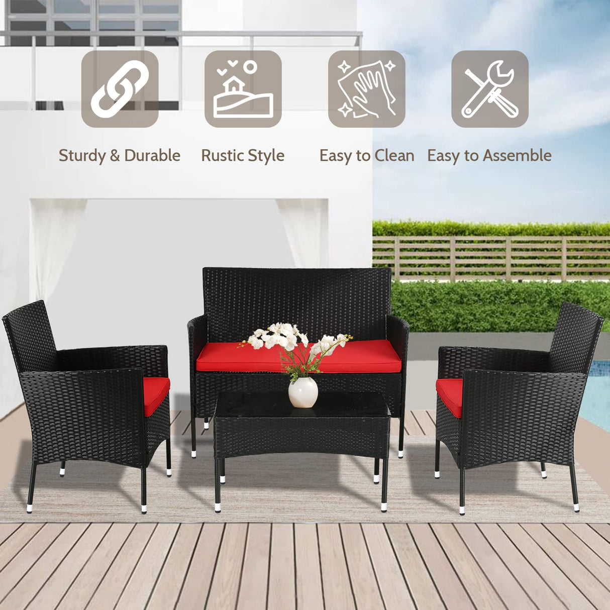 FDW Rattan Furniture Wicker Chair Patio Bristo Set for Outdoor Indoor Use with Loveseats Coffee Table,Red Cushion, 4-Pieces FDW
