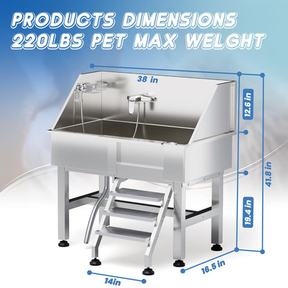 Dog Washing Station, 38" Professional Dog Bathing Station Stainless Steel Dog Grooming Tub Dog Washing Station for Home,Equipped with Three Anti-Slip Steps, Removable Door, Pet Wash Station for Pet