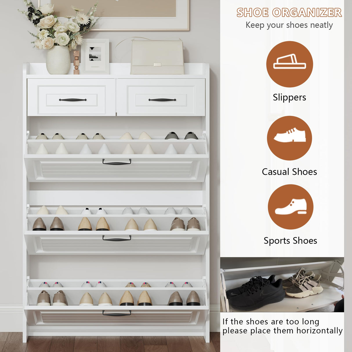MOOLSUN Multi Functional Narrow flip Shoe Cabinet with 3 Doors 2 Drawers, Save Space, Suitable for Entryway and corridors (A - White) MOOLSUN