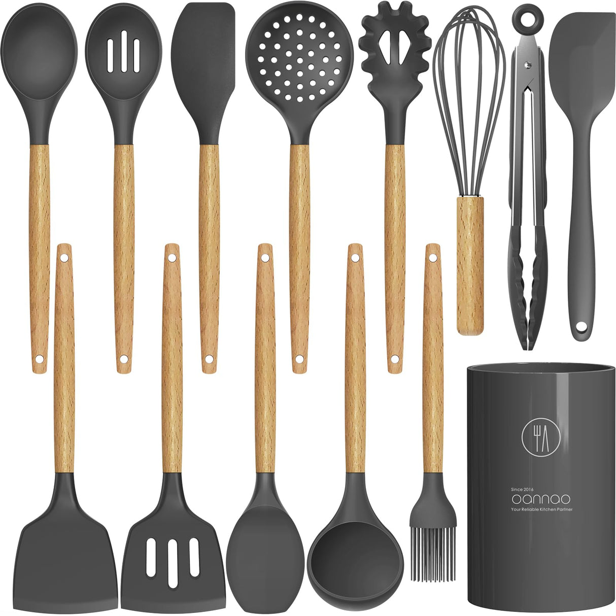 Silicone Cooking Utensils Kitchen Utensil Set - 446°F Heat Resistant Silicone Kitchen Utensils Set, Spatula,Turner Tongs, Spoon, Brush, Whisk,Kitchen Gadgets for Nonstick Cookware, BPA Free (Gray) oannao