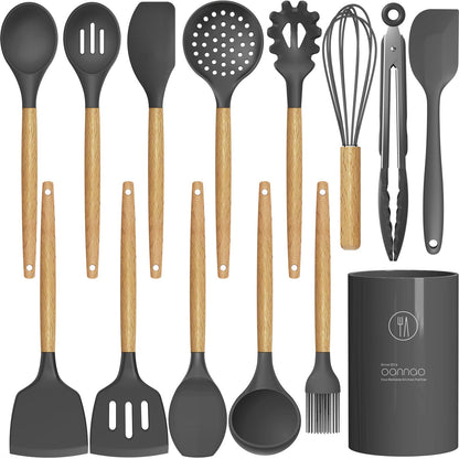 Silicone Cooking Utensils Kitchen Utensil Set - 446°F Heat Resistant Silicone Kitchen Utensils Set, Spatula,Turner Tongs, Spoon, Brush, Whisk,Kitchen Gadgets for Nonstick Cookware, BPA Free (Gray)