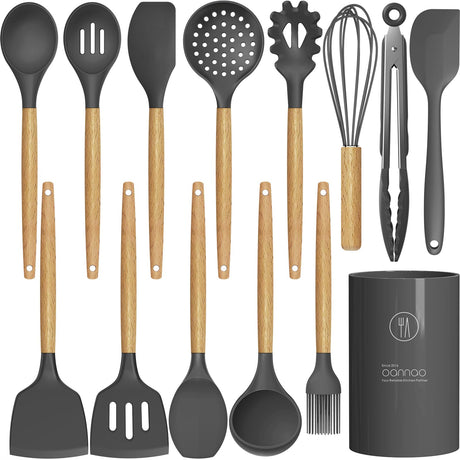 Silicone Cooking Utensils Kitchen Utensil Set - 446°F Heat Resistant Silicone Kitchen Utensils Set, Spatula,Turner Tongs, Spoon, Brush, Whisk,Kitchen Gadgets for Nonstick Cookware, BPA Free (Gray) oannao