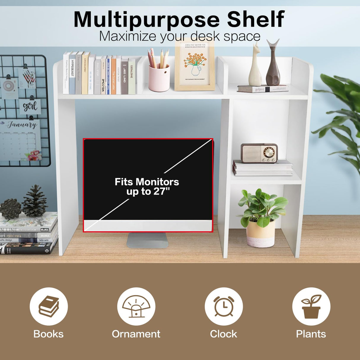 Sturdy White Wooden 3-Tier Desk Bookshelf with 5 Cubbies - YYDBIAP College Dorm Hutch YYDBIAP