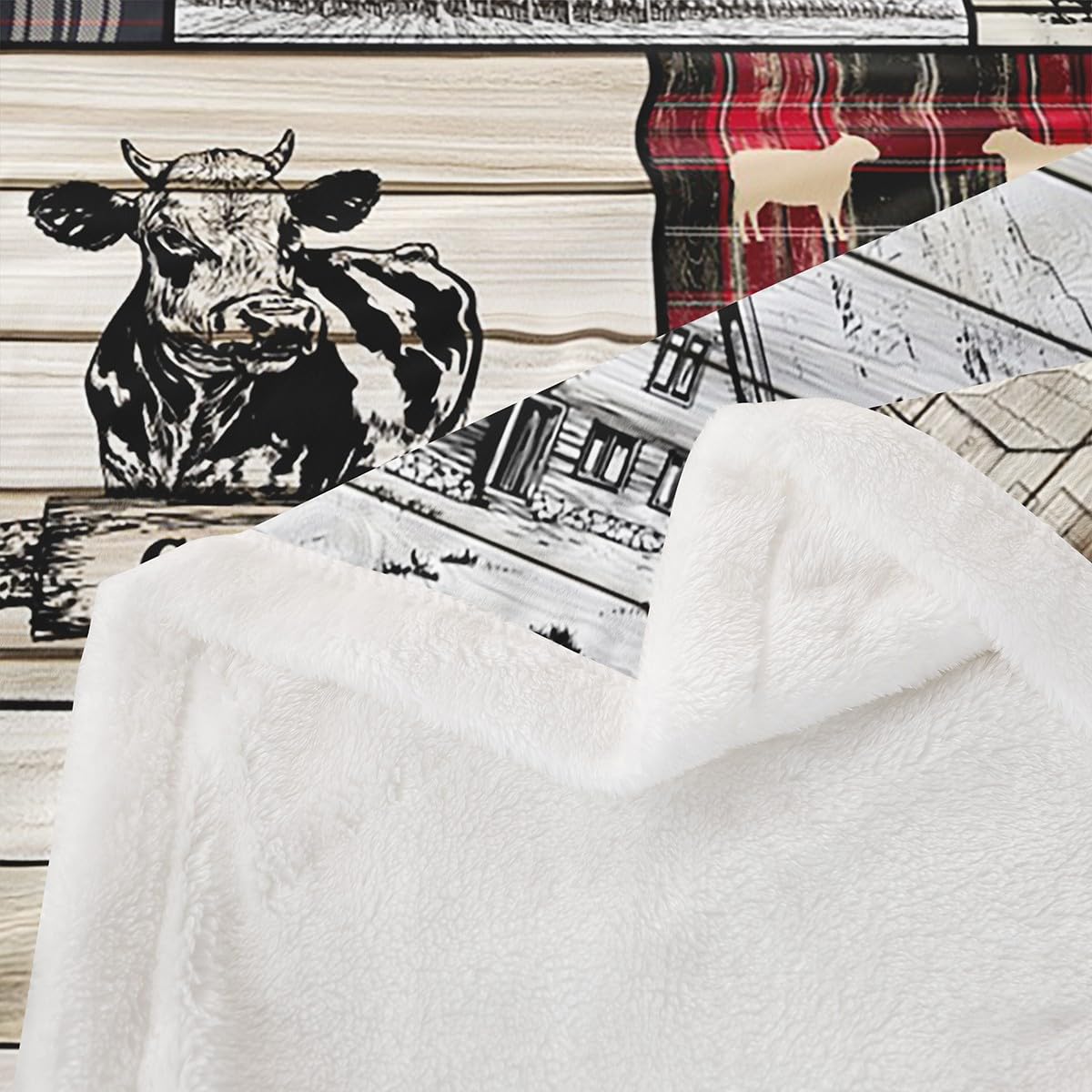 Rustic Farm Animal Fleece Bed Blanket Throw 50"X60" Retro Buffalo Plaid Farmhouse Cabin Throw Blanket Country Sheep Chicken Cow Print Sherpa Blanket,Grid Windmill Flannel Blanket Red Black Grey Erosebridal
